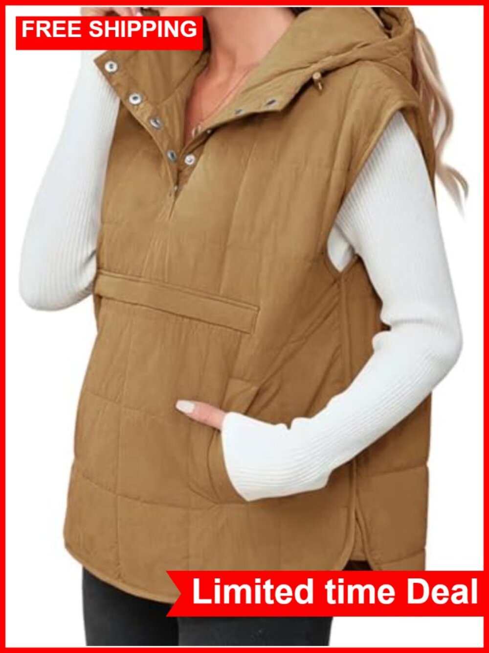 Quilted Puffer Vest Sleeveless Hoodie Kangaroo Pockets